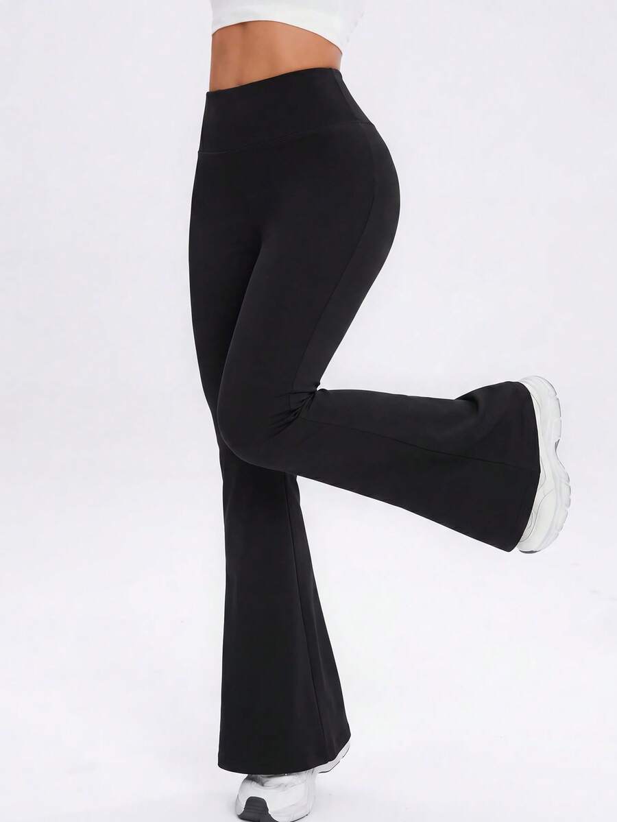 Easithlete Easithlete Celana Olahraga Wanita Warna Polos Pinggang Tinggi Model Flare - Hitam - View 1