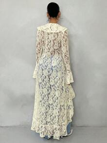 Glamine 春夏浪漫度假風荷葉邊優雅蕾絲透視女款長版薄外套 - 淡黃色 - 查看 2