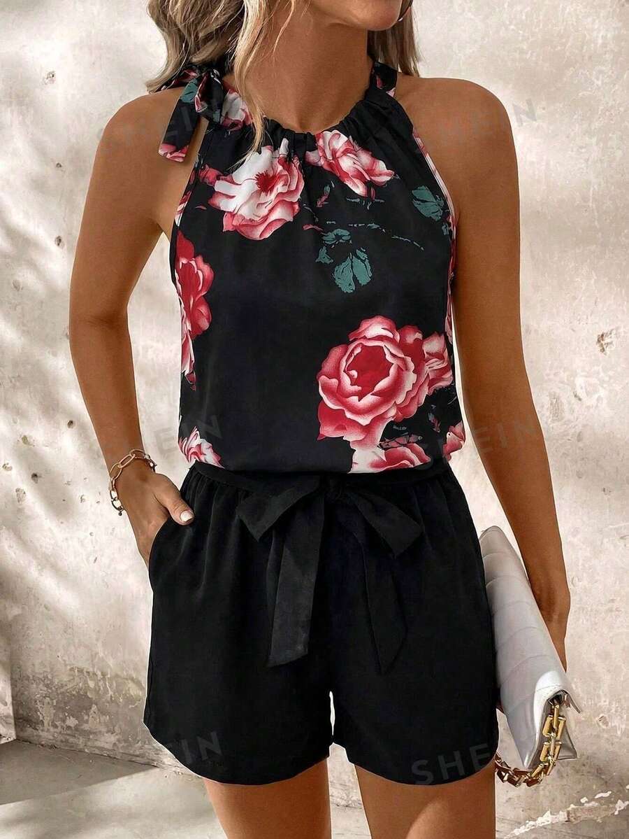 SHEIN Clasi 2pcs/Set Pink Floral Print Camisole & Shorts,Vacation Outfits Women - Black - View 1