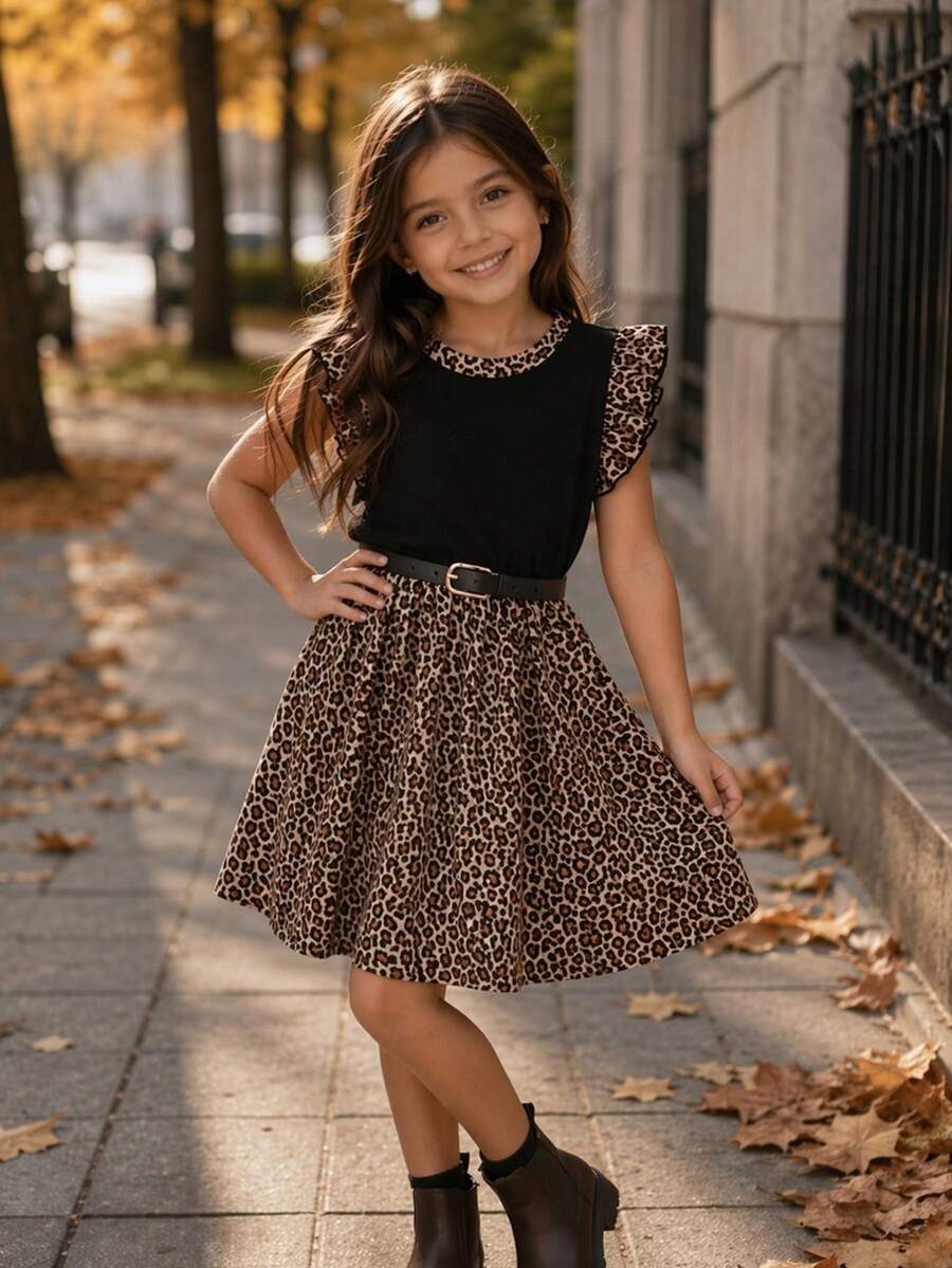 SHEIN Vestido casual de niña con cuello redondo, de punto, de unicolor y estampado de leopardo en patchwork