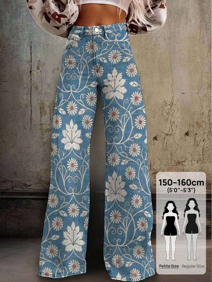 SHEIN PETITE 女士休闲宽松直筒全印花牛仔裤 - 彩色 - 查看 1