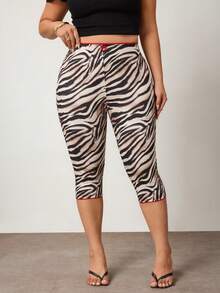 Enliva Plus Size Women Zebra Print Capris, Multi-Color Knitted Fabric, Textured Pattern, High Elasticity, Tummy Control, Casual Patchwork Red Lace Bow - Multicolor - View 5