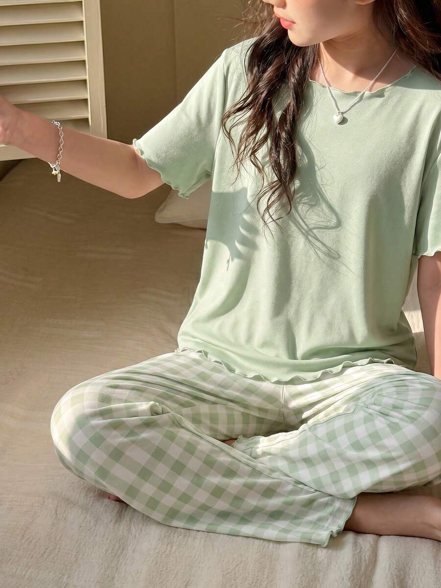 青少年女孩2件組睡衣套裝,薄荷綠寬鬆版短袖上衣與長褲,休閒居家睡衣適合戶外穿著,多種尺寸可選 - 彩色 - 查看 1