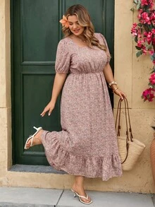 SHEIN CURVE+ Robe décontractée à manches pétales à imprimé floral pour femmes grandes tailles - Rose bonbon - Voir 2