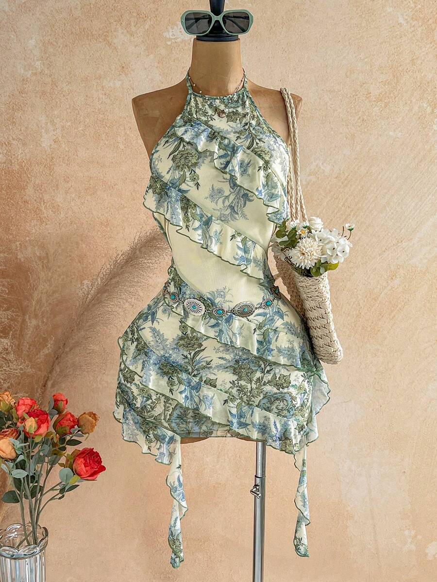 Soleia Women's Floral Print Layered Ruffle Neck Mini Vacation Dress - Multicolor - View 1