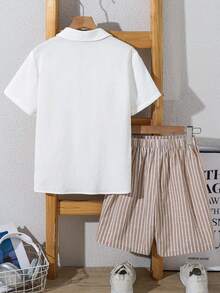 SHEIN 2件組兒童/青少年男孩通勤休閒紋理條紋領襯衫與條紋短褲套裝，舒適時尚，適合居家、學校與外出，春/夏季 - 白色 - 查看 3