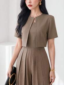 Heiryn Bộ đồ công sở thanh lịch dành cho nữ, áo croptop và quần dài (2 món) - Màu Khaki - Xem 4