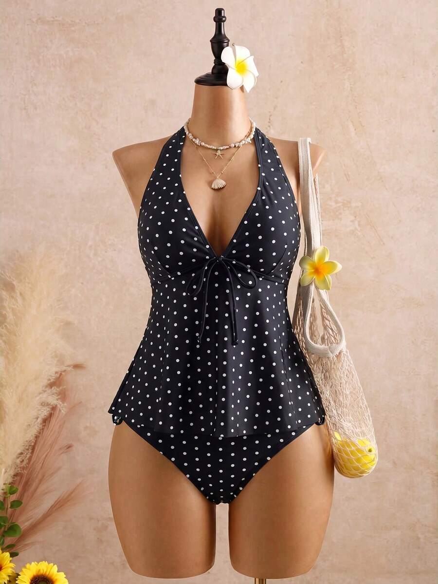 Bellisia Women's 2-Piece Tropical Cute Polka Dot Print Spaghetti Strap Tie Pants Side Tie Bestselling Beach Holiday Casual Elegant Valentine's Day Party Camisole Strap Bikini Set Set - Multicolor - View 1
