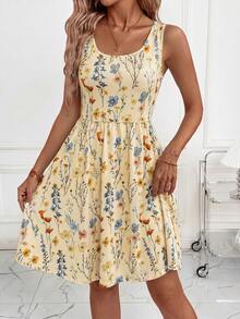 SHEIN Clasi Vestido de flores con cuello en U y cintura ceñida, elegante y nuevo, adecuado para uso diario y vacaciones - Amarillo - Ver 6