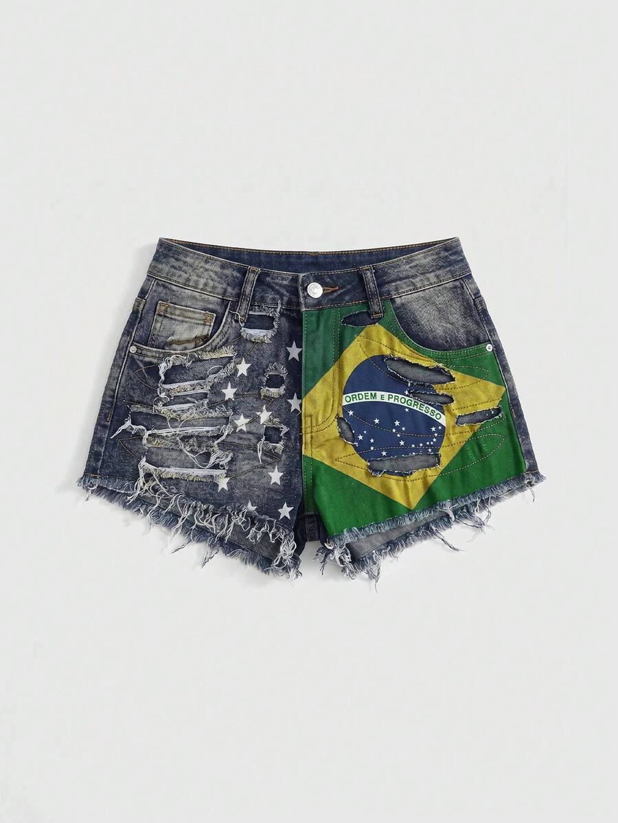 ROMWE Avant Women Vintage Millennium World Cup Brazil Distressed Ripped Super Low-Waist Mini Denim Shorts - Medium Wash - View 1