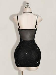 SHEIN ICON 女款時尚性感亮片網紗拼接細肩帶迷你洋裝，黑色夏季新年夜店外出洋裝 - 黑色 - 查看 2