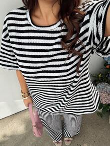 GalTyme Plus Size Striped Round Neck Drop Shoulder T-Shirt And Pants 2-Piece Set, Spring/Summer/Autumn - Multicolor - View 5