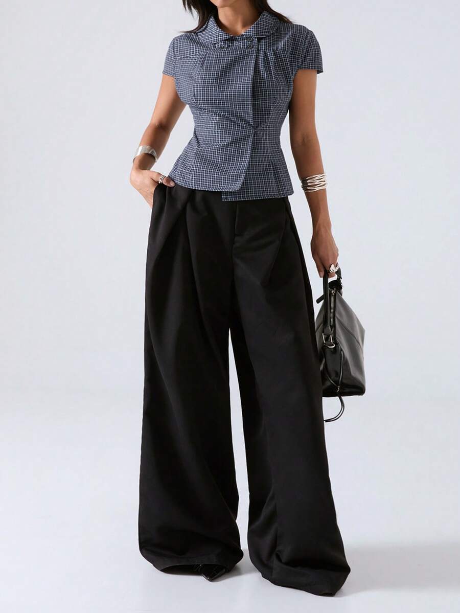LYSMO 2026 New Arrive Minimalism Spring/Summer Women's Plaid Casual Versatile Daily Wear Shirt - Navy Blue - View 1