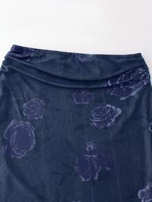 SHEIN 玫瑰印花T恤與美人魚下擺裙 2件套 (不對稱印花) - 藏蓝色 - 查看 5