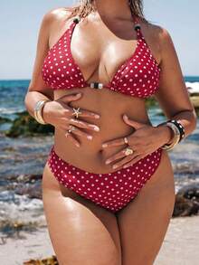 SHEIN BAE Plus Size Women Polka Dot Beaded Halter Tie Sexy Bikini Swimwear Set - Red - View 7