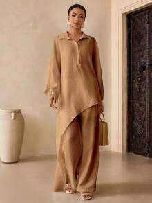 Vesra Women's Solid Color Long Top And Wide Leg Pants Casual Two Pieces Set - Khaki - View 3