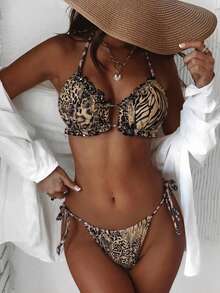 Swim Lushoire Conjunto de biquíni com babados e estampa animal 2025, traje de banho para férias na praia - Multicolorido - Ver 1