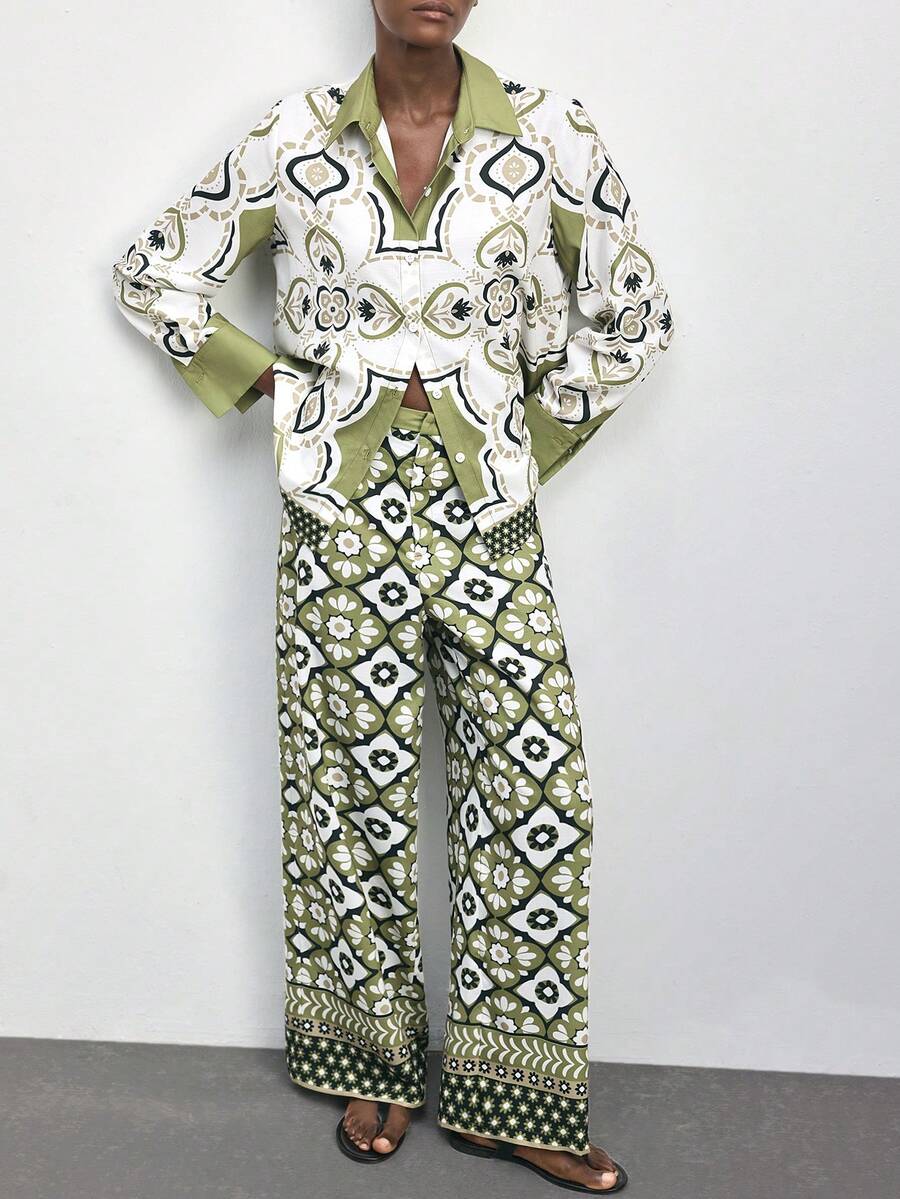 Maija 2pcs/Set Women Green And White Floral Print Long Sleeve Top And Wide Leg Pants,Summer Boho Holiday Vacation Outfits,Elegant Casual Work Office Attire - Multicolor - View 1