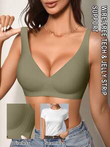 SHEIN 1pc Ocili Women's Minimalist Comfortable Seamless Jelly Gel Wirefree Removable Padded Bra Olive Green Summer - Green - View 3