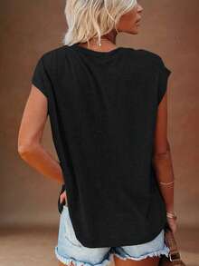 SHEIN LUNE Casual Versatile Solid Color T-Shirt, Summer Everyday Black - Black - View 2