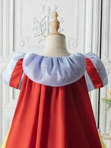 Young Girls Fashion Cute Yellow Mesh Lace Embroidered Beaded Ruffle Puff Sleeve Back Detachable Cape Princess Mini Dress, Comfortable Summer Clothing - Multicolor - View 9