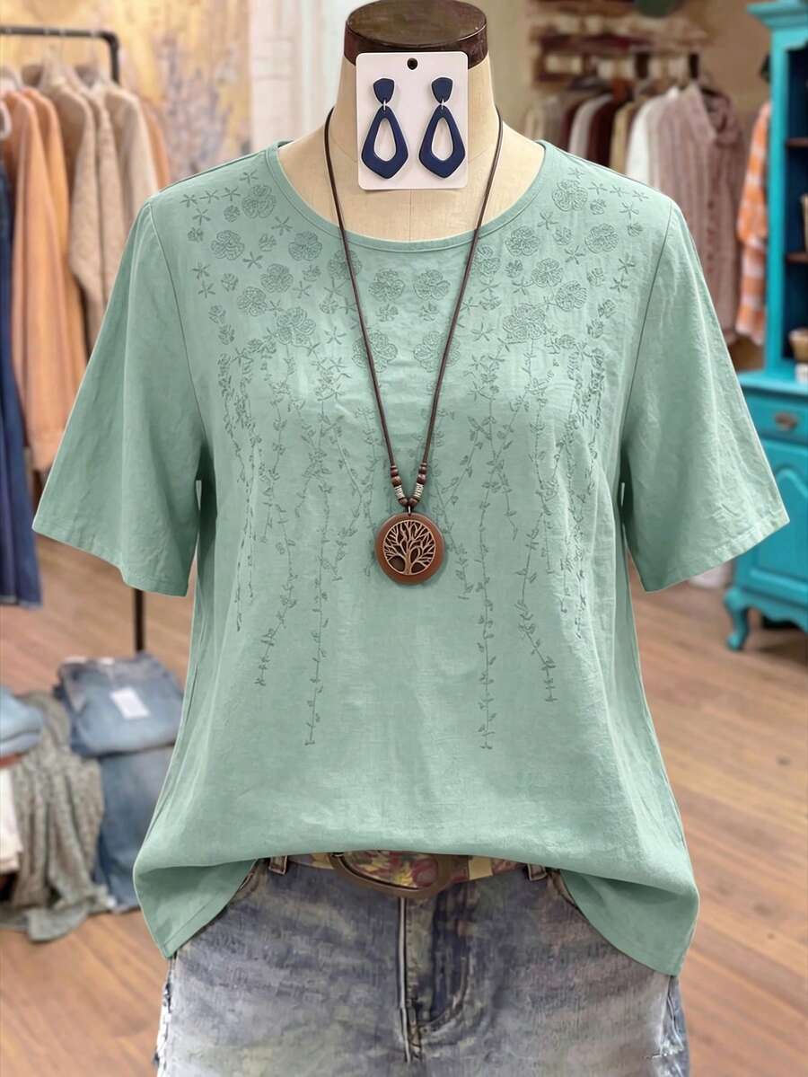 SHEIN LUNE CURVE 大尺碼女款素色亞麻感圓領刺繡七分袖休閒襯衫 - 綠色 - 查看 1