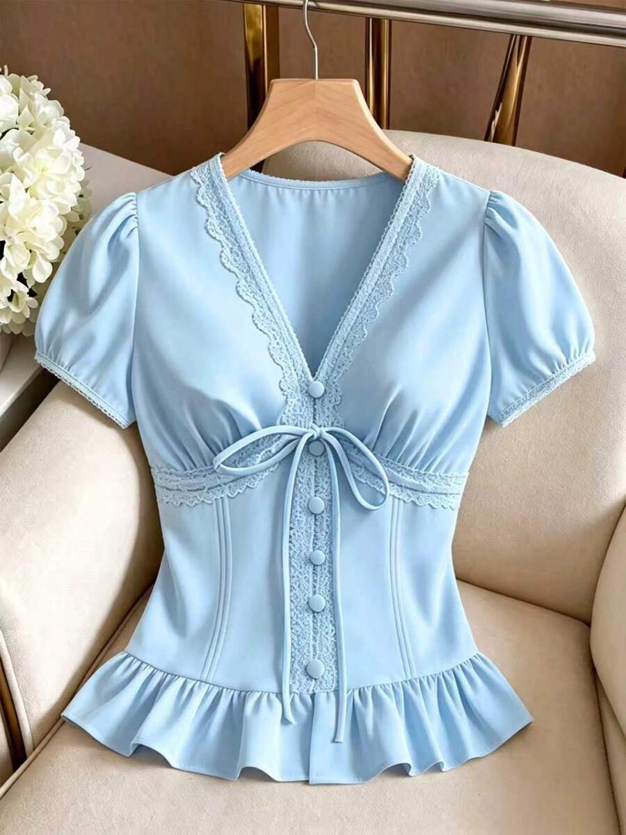GlowEve Women's V-Neck Ruffle Trim Vacation Blouse - Baby Blue - View 1