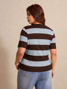 Elaquor Blusa de punto de manga corta con bloques de color y rayas para tallas grandes - Multicolor - Ver 3