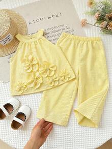 SHEIN LMoss Kids Bộ 2 món áo thun và quần legging không tay màu trơn dệt kim cho bé gái, kiểu dáng thường ngày. - Nhiều màu - Xem 4