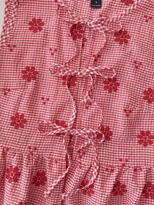Travachic Women's Summer Beach Vacation Style Casual Floral Embroidery Plaid Print Front Tie Peplum Hem Tank Top - Red - View 4