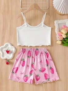 SHEIN Girls Happy Pattern Short Sleeve Shorts Camisole Pajama Set, Suitable For Autumn, Winter, All Seasons - White - View 3