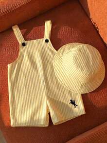 SHEIN 男女宝宝通用白色休闲连体衣套装，包含围兜裤和遮阳帽，适合春夏季居家或户外穿着 - 黃色 - 查看 6