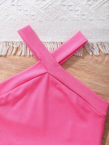 SHEIN Genkimix Kids Toddler Girls' Vacation Casual Halter Solid Color Tank Top And Elastic Waist Ditsy Floral Ruffle Skirt Set, Summer - Hot Pink - View 7