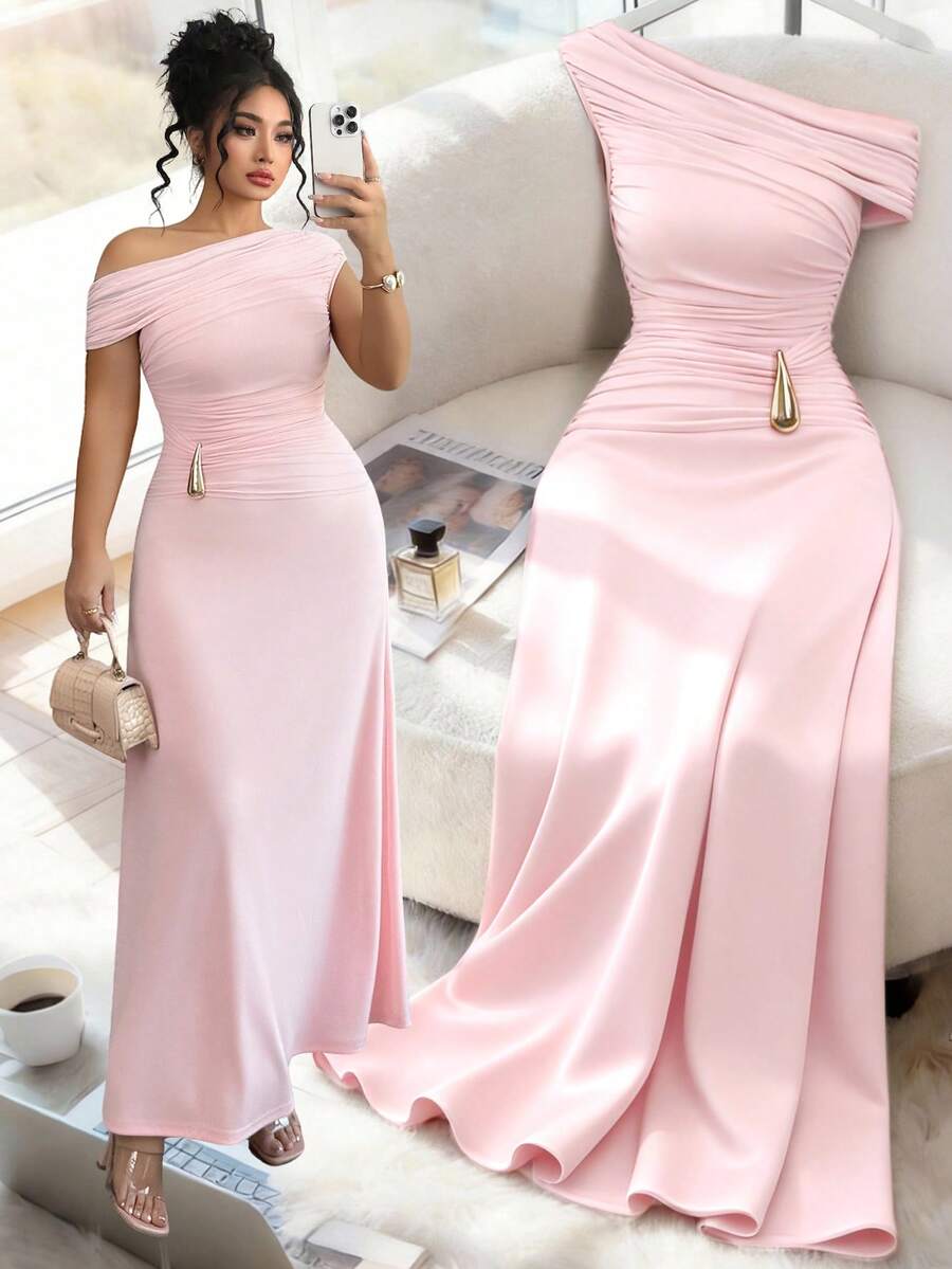 GlowEve CURVE Plus Size Women's 2026 Spring/Summer New Elegant Sophisticated Metal Buckle Maxi Dress - Pink - View 1