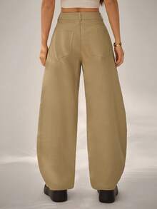 SHEIN PETITE Women's Loose Solid Color Harem Pants With Pockets, Casual Spring/Summer Style - Khaki - View 3