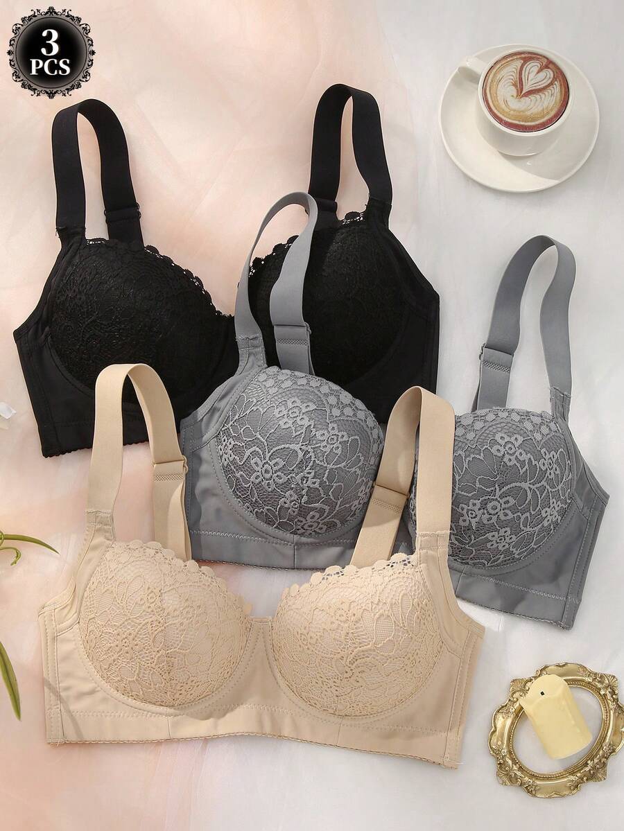 DesireSculpt 3pcs/Set Bra Renda Wanita, Bra Berkawat Penyangga dengan Tali Lebar yang Lembut & Nyaman - MultiWarna - View 1