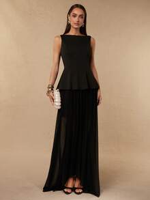 Silquee Stylish Elegant Mature Black Sleeveless Fitted Dress Women Features Flowing Mesh Hem Summer Parties Dinner Date Formal Birthday Bar Night Day Weddings - Black - View 3