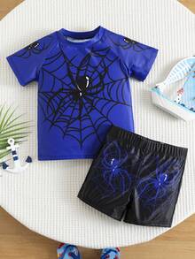 Bubblio Conjunto de ropa de baño informal para niño pequeño con camiseta de manga corta de cuello redondo holgada y pantalones cortos. Diseño clásico y fresco con estampado gráfico de corazón y telaraña, adecuado para nadar, hacer surf, playa y vacaciones. - Azul - Ver 4