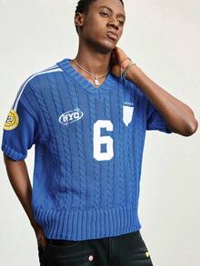 ROMWE MEN Prep World Cup Men's Numeric Embroidery Short Sleeve Knit Top - Blue - View 1