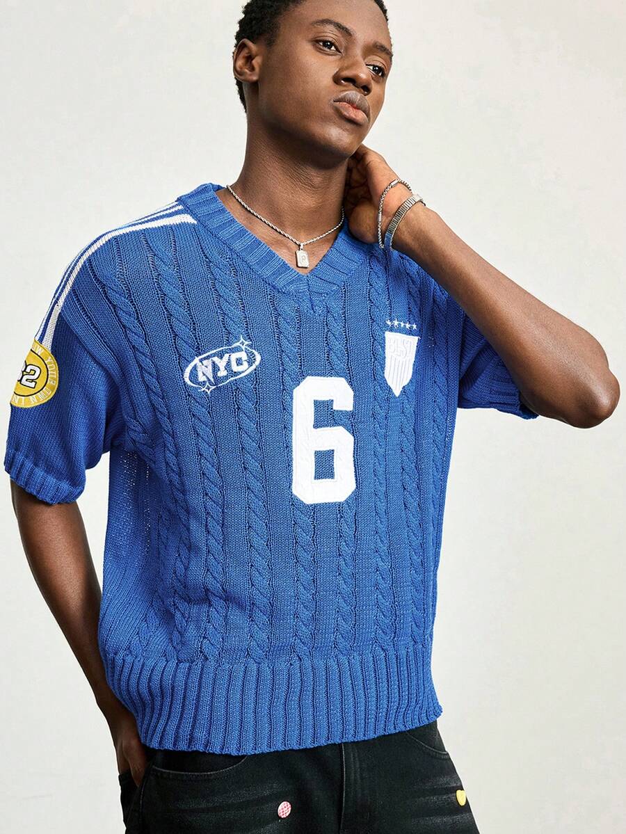 ROMWE MEN Prep World Cup Men's Numeric Embroidery Short Sleeve Knit Top - Blue - View 1
