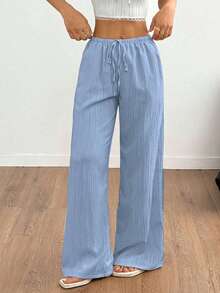 EMERY ROSE Plus Size Women Casual Solid Color Wide Leg Pants, Autumn Clothing Material, Big Size Trousers Fall - Sky Blue - View 3