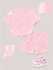 2pcs/Set Young Girl Loose T-Shirt And Shorts, Bow Decor, Cute Girl Pattern, Sweet & Adorable, Comfortable & Versatile, Suitable For Summer Outfit - Multicolor - View 2