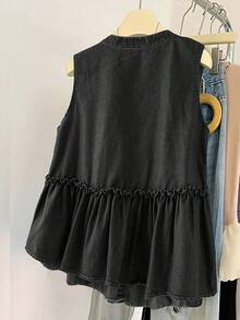 EMERY ROSE EMERY ROSE Plus Size Women Denim Sleeveless Top With Frill Trim And Single-Breasted Button Holiday Black Summer Going Out Tops - Black - View 2
