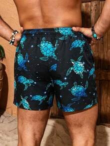 Palasendo Men's Turtle Print Drawstring Waist Pocket Beach Shorts, Holiday - Navy Blue - View 2