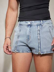 FeverCity Men's Elastic Washed Blue Super Shorts With Zipper Design - Blue - View 5