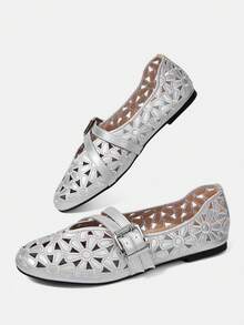 CUCCOO CHICEST Giày bệt nữ thêu rỗng, có khóa cài, thoải mái - Bạc - Xem 6