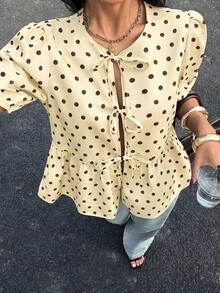 Siren Gaze Women's Black Polka Dot,Summer,Elegant,Brunch Shirt With Tie And Puff Sleeve,Cute Ruffle Hem V-Neck Blouse,Casual Animal Print Pattern,Short Sleeve - Apricot - View 5