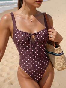 Swim Mod Bộ đồ bơi liền thân in chấm bi tươi tắn và ngọt ngào dành cho nữ, mẫu Xuân Hè 2026, chất liệu vải, viền tương phản, dây rút hình nơ, thích hợp cho kỳ nghỉ biển, tiệc trà chiều, dã ngoại, tiệc tùng, mặc hàng ngày và mặc ở nhà. - màu nâu - Xem 4