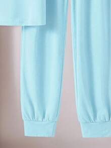 SHEIN Dozemod Kids Teen Girl Minimalist Letter Print Round Neck Short Sleeve Pants Knit Casual Pajama Set, 2pcs - Baby Blue - View 5