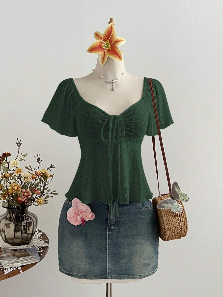 Elamini Atasan Kasual Serbaguna Wanita Model French Style Warna Putih Murni Rajut Jacquard dengan Tali Serut dan Leher V - Dark Green - View 1